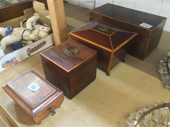 2 early 19th century mahogany small sewing boxes, a 19th century mahogany two section tea caddy & a Gonzalo Alves tea caddy